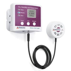 MadgeTech RFCO2RHTemp2000A air quality monitor is a wireless data logger that measures and records carbon dioxide, humidity and temperature.