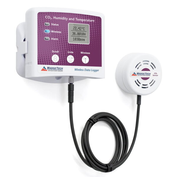 The RFCO2RHTemp2000A air quality monitor is a wireless data logger that measures and records carbon dioxide, humidity and temperature.