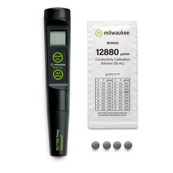 Milwaukee Instrument EC60 PRO EC meter comes complete with calibration solution sachets and 4 x coin cell batteries.