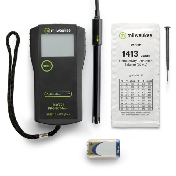 Milwaukee Instruments MW301 PRO comes complete with SE510 probe, calibration sachets and 9V battery.