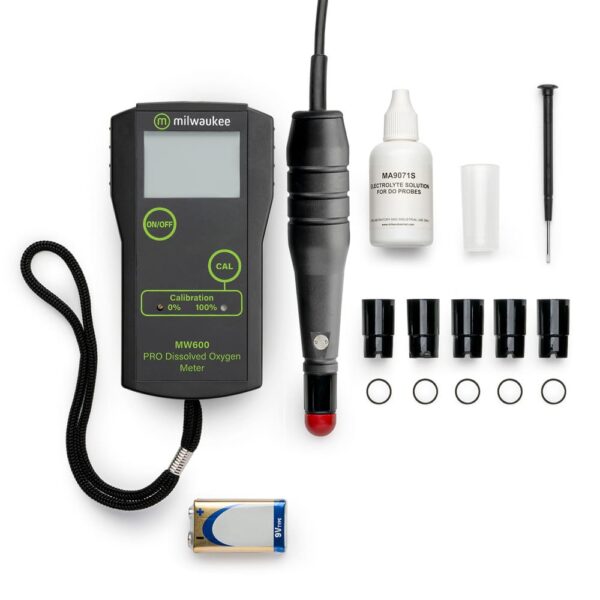 Milwaukee MW600 PRO kit includes the DO probe, membranes, 9V battery and Electrolyte solution.