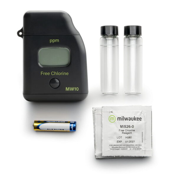 Milwaukee Instruments MW10 Digital Free Chlorine photometer comes complete with glass cuvettes, reagent sachets and alkaline battery.