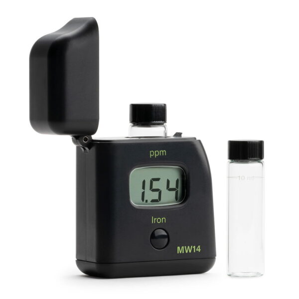 Milwaukee MW14 Iron photometer angled view showing 1.54 ppm reading.