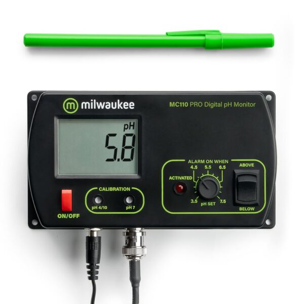 Milwaukee Instruments MC110 pH monitor size comparison with a pen.