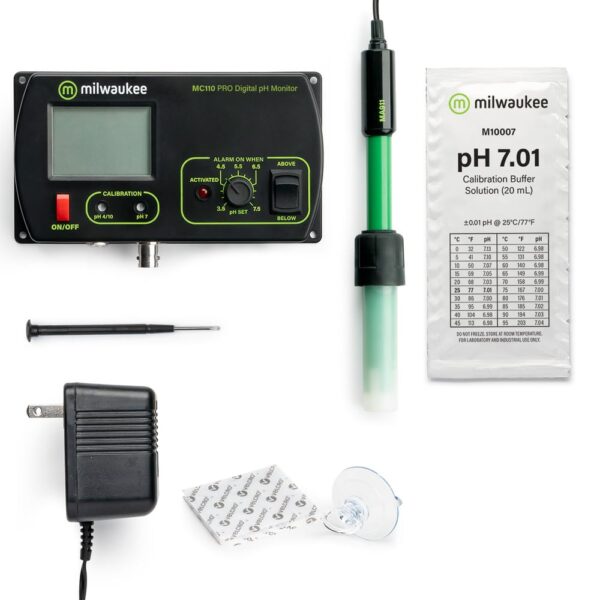 Milwaukee MC110 pH monitor kit is complete with the power pack, pH probe and Calibration sachets.
