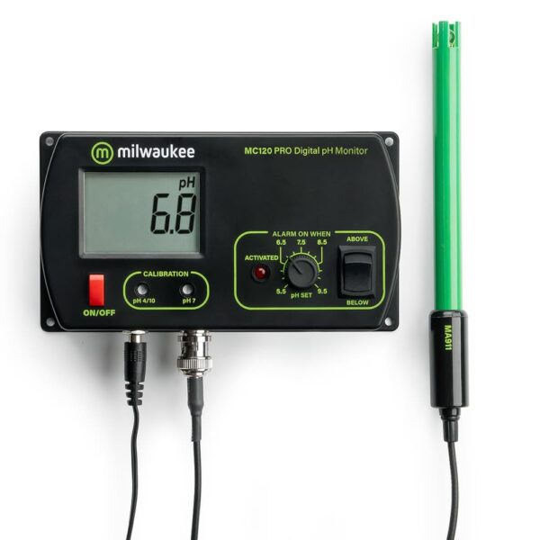 Milwaukee MC120 PRO pH Monitor with accuracy to ± 0.2 pH with a full 0.0 pH to 14.0 pH range.