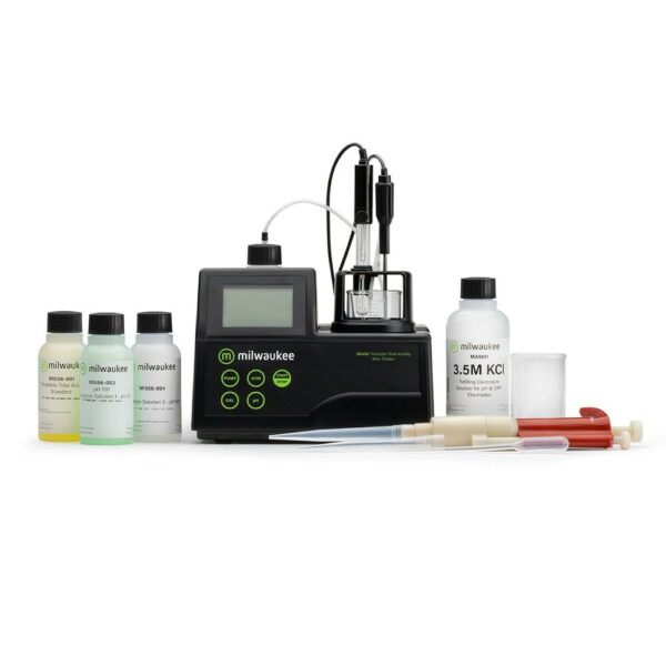 Milwaukee Instruments Mi456 PRO Mini Titrator is supplied complete with pipettes, beakers, pH electrode and calibration solution sachets.