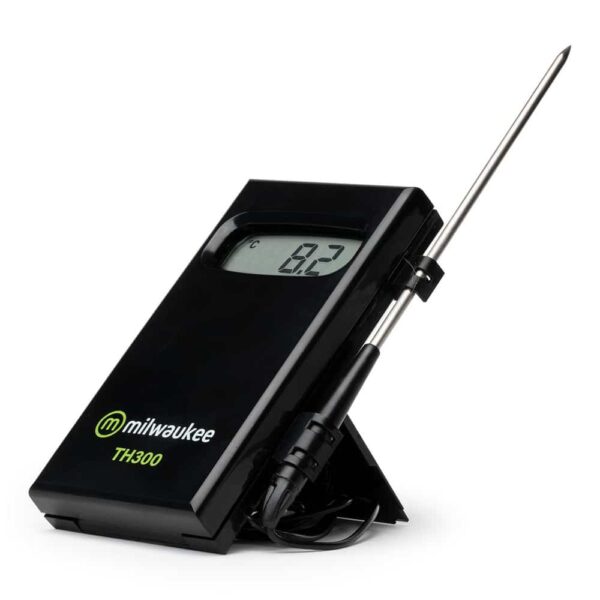 Milwaukee TH300 Digital Thermometer with back stand angle view.