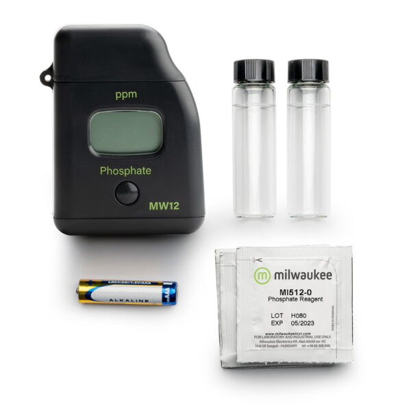 Milwaukee MW12 Digital Phosphate Tester comes complete with reagents, cuvettes and alkaline battery.