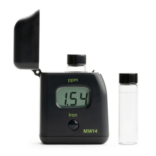 Milwaukee MW14 Digital Iron Tester with a glass cuvette inserted.