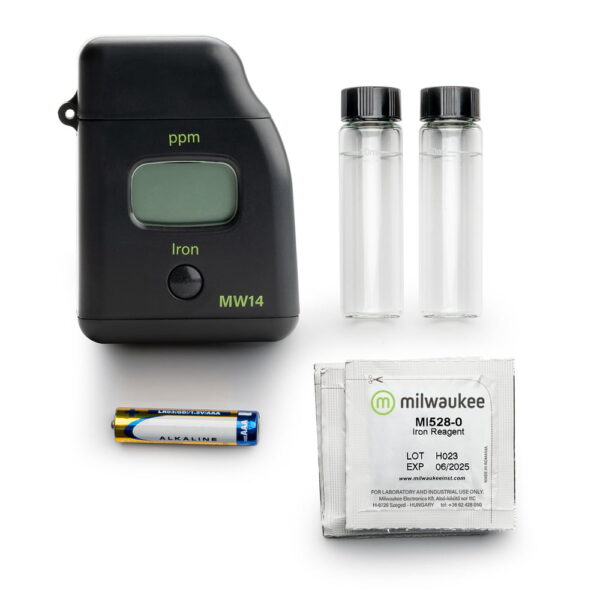Milwaukee Instruments MW14 Iron photometer comes complete with reagent sachets, glass cuvettes and alkaline battery.