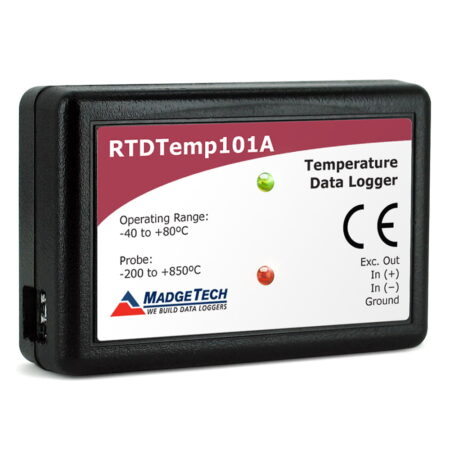 MadgeTech RTDTemp101A temperature probe data logger accepts 2, 3 or 4-wire external RTD probes.