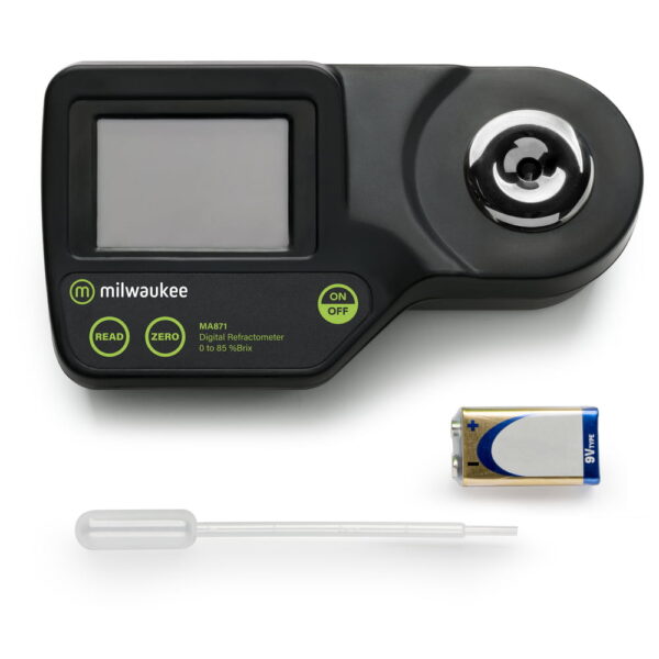 Milwaukee Instruments MA871 Digital Brix Refractometer comes complete with plastic pipette and 9V battery.