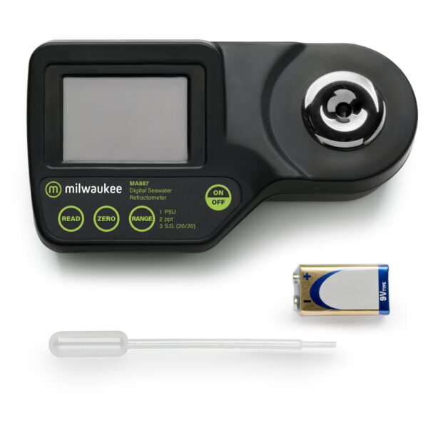 Milwaukee Instruments MA887 comes complete with a plastic pipette and 9V alkaline battery.