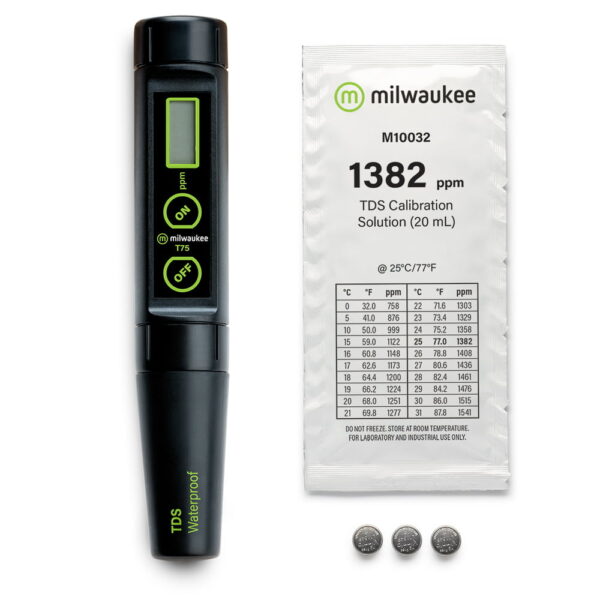 Milwaukee Instruments T75 comes complete with calibration sachets and batteries.