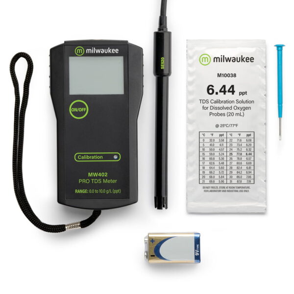 Milwaukee Instruments MW402 comes complete with probe, calibration sachet and power pack.