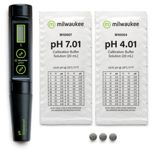 Milwaukee Instruments pH54 pH meter comes complete with ph calibration buffer sachets and batteries.