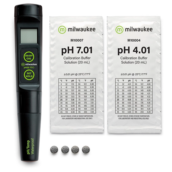 Milwaukee pH55 pH meter comes complete with batteries and pH calibration buffer solution sachets.