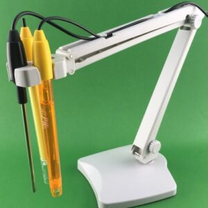 Electrode holder for laboratory use, to hold pH, ORP, temperature electrodes, with adjustable and rotatable arm.