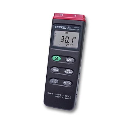 Center C301 dual input thermometer with dual display accepting k-type thermocouples.