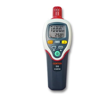 CENTER C510 Carbon Monoxide Meter displays CO level and Temperature.
