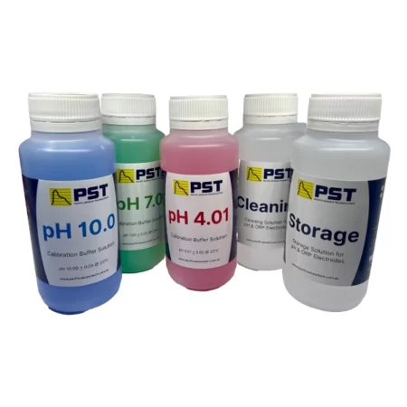 PST pH starter kit includes pH 4.01, pH 7.0, pH 10.0, Storage solution and Cleaning solution in 250ml bottles.