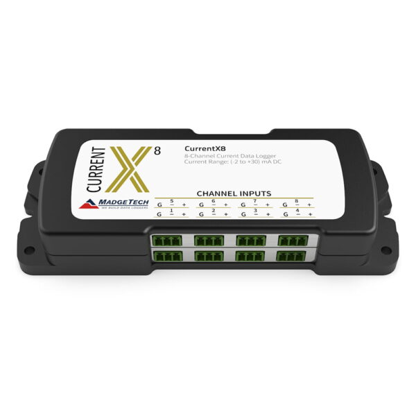 MadgeTech CurrentX-8 is a 8-channel low-level DC current data logger and is available in three ranges: 30 mA, 160 mA, and 3 A.