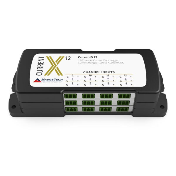 MadgeTech CurrentX-12 is a 12-channel low-level DC current data logger and is available in three ranges: 30 mA, 160 mA, and 3 A.