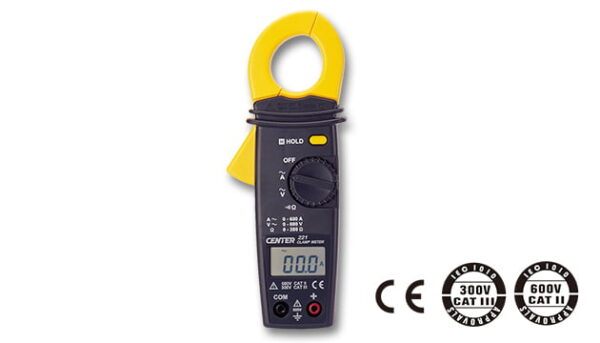 CENTER C221 AC Clamp meter with certification logos.