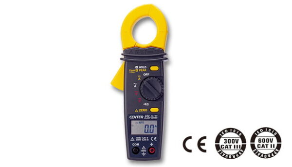 CENTER C222 AC Clamp meter with certification logos.