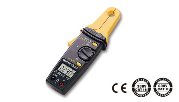 CENTER C223 AC/DC Clamp meter with certification logos.