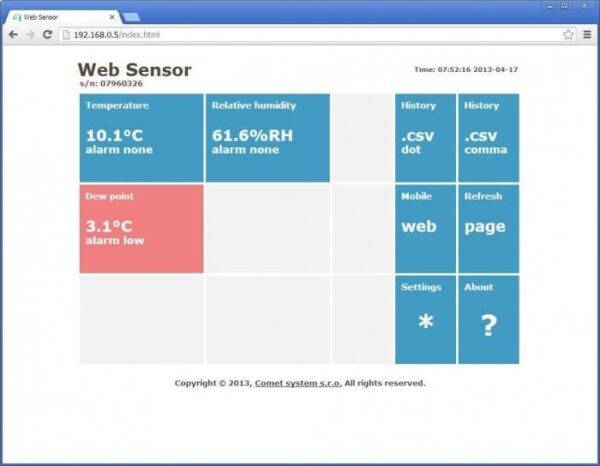 COMET WebSensor browser dashboard showing sensor status and readings.