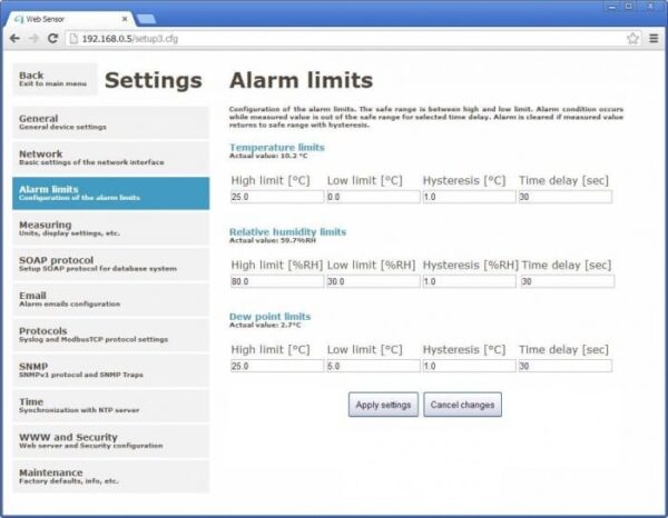 COMET WebSensor settings page for alarm limits.
