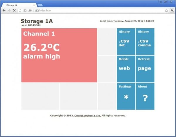 Web Sensor temperature channel display on web browser.