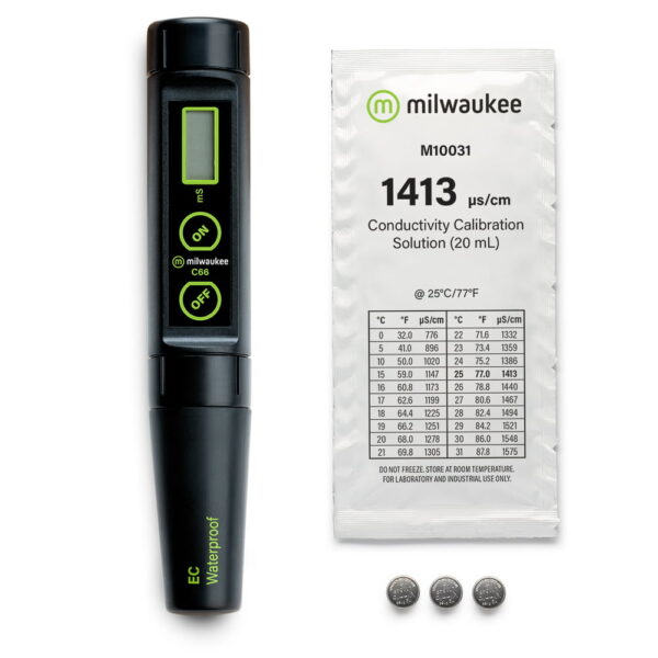 Milwaukee Instruments C66 Tester comes complete with calibration sachets and 4 x batteries.