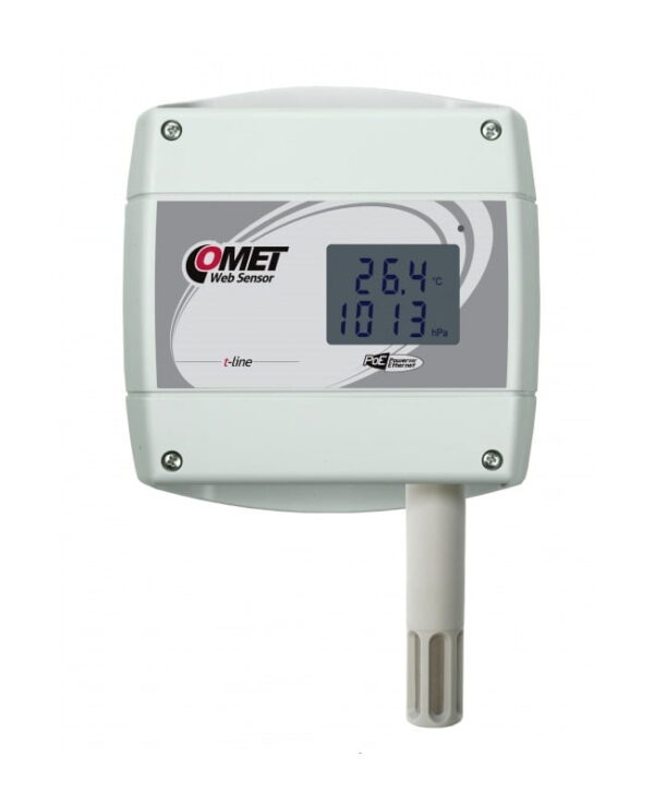 COMET T7610 Ambient temperature, relative humidity, atmospheric pressure t-line Web sensor with Power over Ethernet feature.
