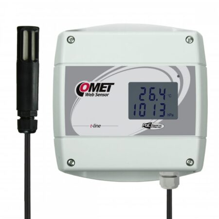 COMET T7611 Ambient temperature, relative humidity, atmospheric pressure t-line Web sensor with Power over Ethernet feature.