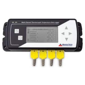 MadgeTech TCTempx4 thermocouple-based temperature data logger with LCD screen for real-time monitoring.