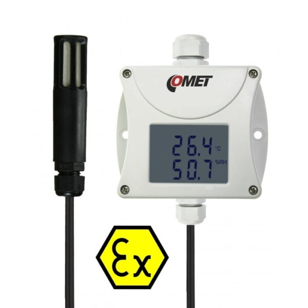 COMET T3111Ex Intrinsically safe humidity and temperature transmitter with cable probe and 4-20mA output.