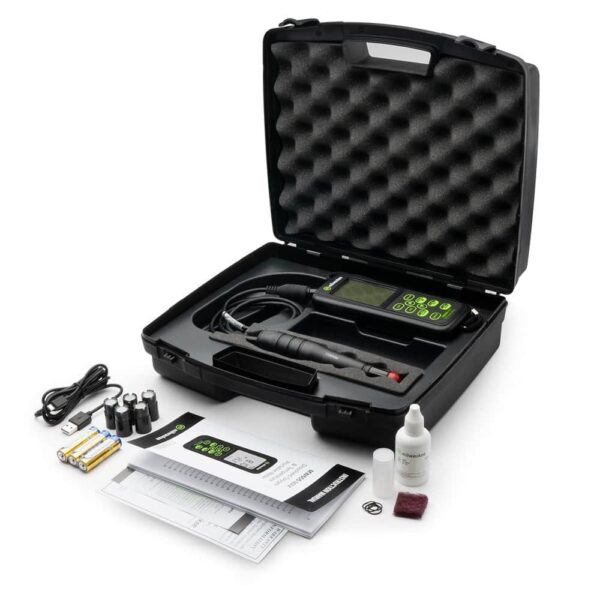 Milwaukee Instruments MW605 MAX comes complete in a safe case with DO probe, USB cable, spare membranes, batteries and Electrolyte solution.