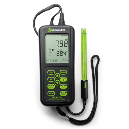 Milwaukee MW105 MAX portable pH meter combined with ORP and temperature measurements and dedicated GLP key ideal for all industrial and laboratory applications.