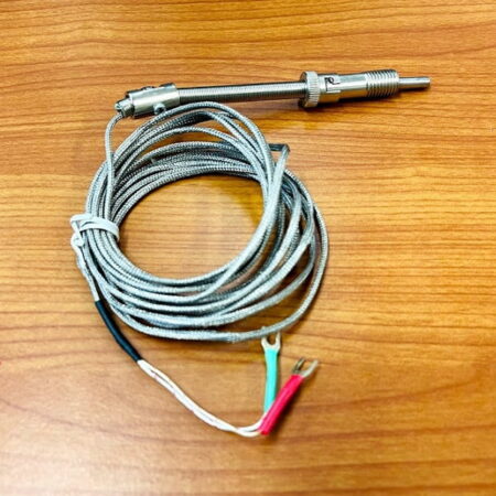 Plastics industry type J thermocouple complete with spring, clamp, bayonet cap and stainless steel braided cable.