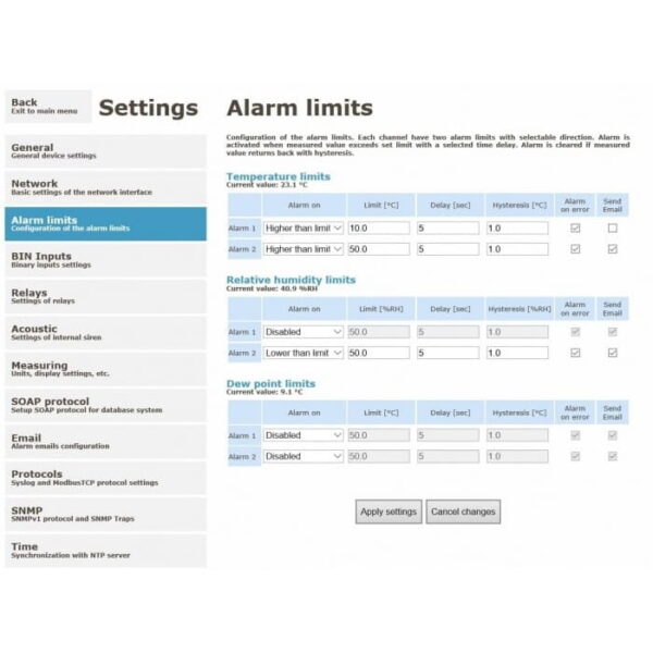 COMET H7530 alarm limits set up page.