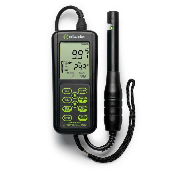 Milwaukee MW805 MAX pH/EC/TDS/Temperature 4-in-1 combo meter.