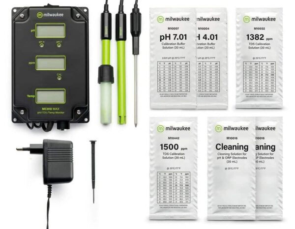Milwaukee MC810 MAX monitor comes as a complete kit including probes, power supply and calibration solution sachets.