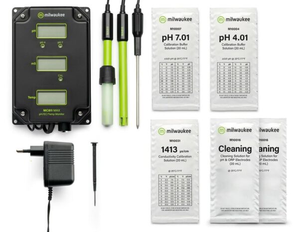Milwaukee MC811 comes as a complete kit including probes, power supply and calibration solution sachets.
