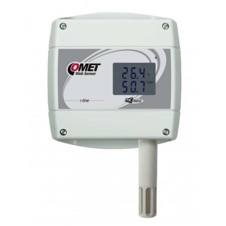 COMET T3610 ambient temperature, relative humidity t-line Web sensor with Power over Ethernet feature.