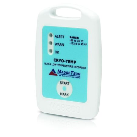 The MadgeTech CryoTemp is an ultra-low temperature data logger that records temperatures as low as -86 °C (-122.8 °F).