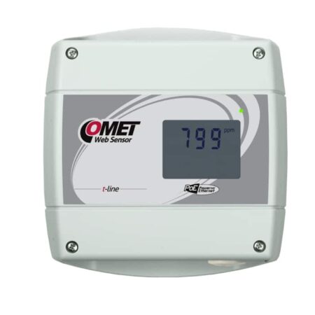 COMET T5640 carbon dioxide t-line Web sensor with Power over Ethernet feature and remote alarm.
