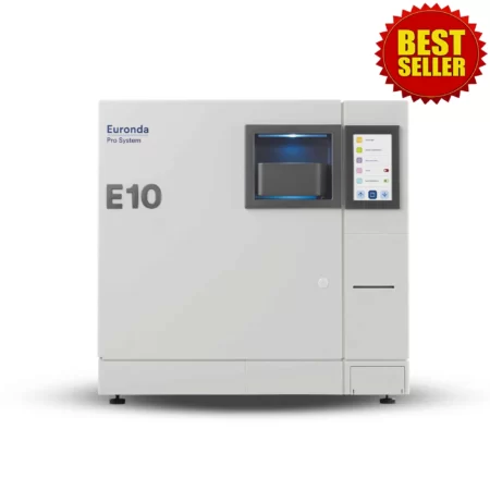 Euronda E10 Class B autoclave, available in 18L and 24L models with complete traceability, 4” colour touch-screen display and E-Light system.